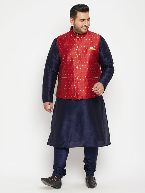 Vastramay Men's Plus Size Maroon Zari Weaved Nehru Jacket With Kurta Pyjama set